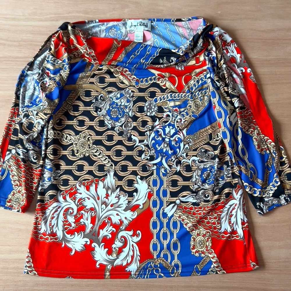 Joseph Ribkoff multicolor top sz 12 baroque chain 3/4 split sleeve cowl neck